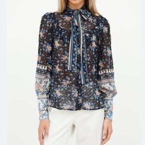 Ulla Johnson Antoine Blouse in Tie Bow Navy Blue Floral Noir sz 2